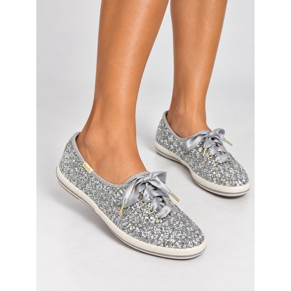 Keds x Kate Spade New York Silver Glitter Champion Sneakers Ribbon Laces 7
